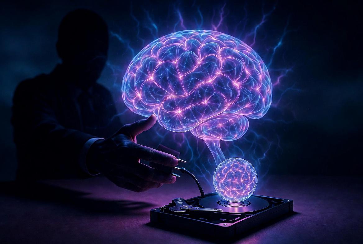 A glowing neural-network brain hovering above a hard drive, a hand holding an unplugged power connector — owning your AI locally.