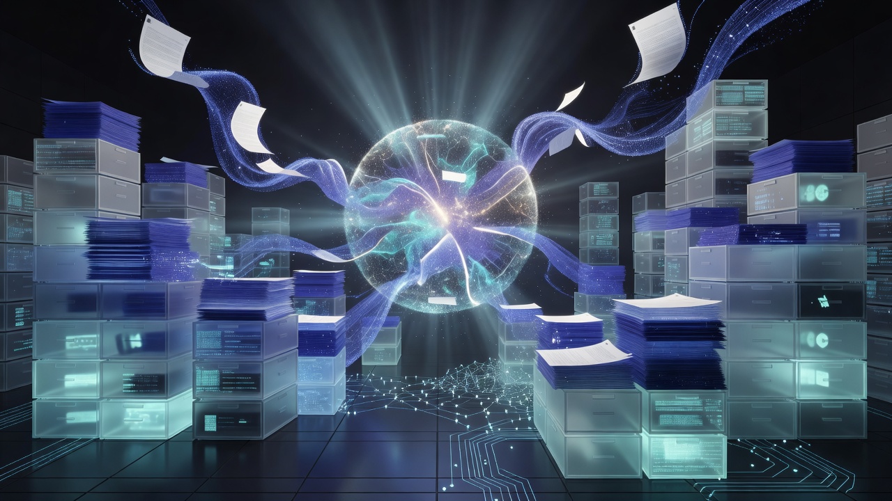 Abstract cyberpunk illustration of translucent file cabinets and document stacks feeding a glowing neural engine core, representing reconstruction from files rather than a climb toward consciousness